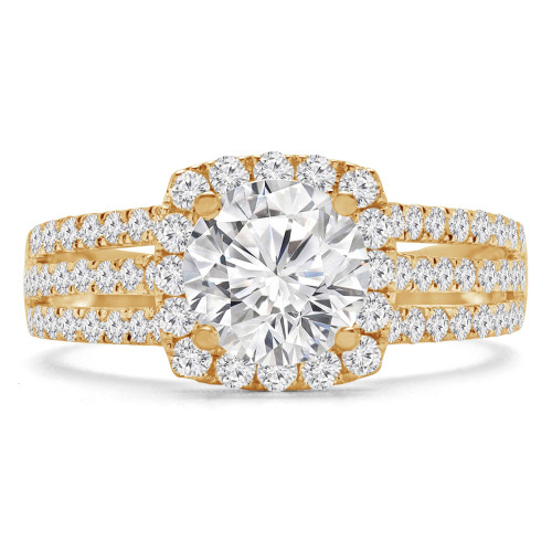 Round Lab Created Diamond Three-Row Split-Shank Cathedral Cushion Halo Engagement Ring in Yellow Gold (MVSLG1203-Y)