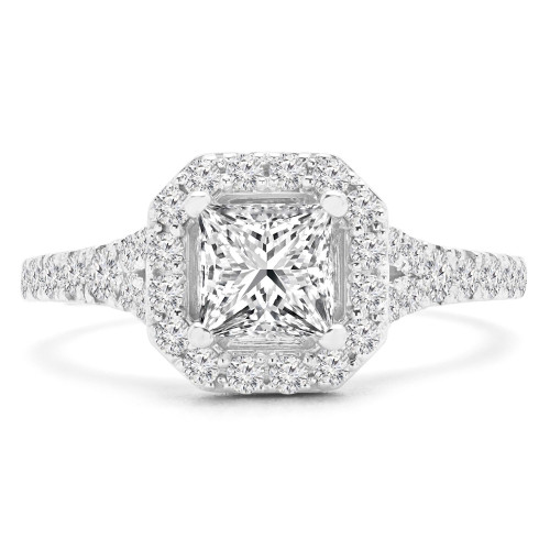 Princess Lab Created Diamond Split-Shank Radiant Halo Engagement Ring in White Gold (MVSLG1225-W)