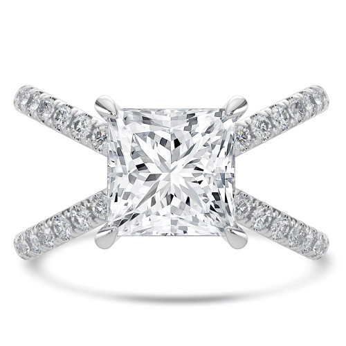 Princess Lab Created Diamond Crossover Split Shank Solitaire with Accents Engagement Ring in White Gold (MVSLG1446-W)
