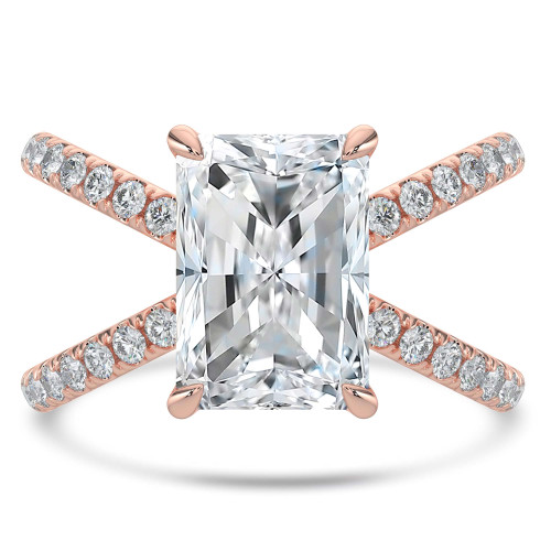 Radiant Lab Created Diamond Crossover Split Shank Solitaire with Accents Engagement Ring in Rose Gold (MVSLG1447-R)