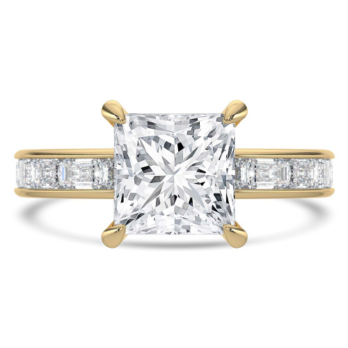 Princess Lab Created Diamond Hidden Halo Solitaire with Accents Engagement Ring in Yellow Gold with Channel Set Emerald Accents (MVSLG1477-Y)