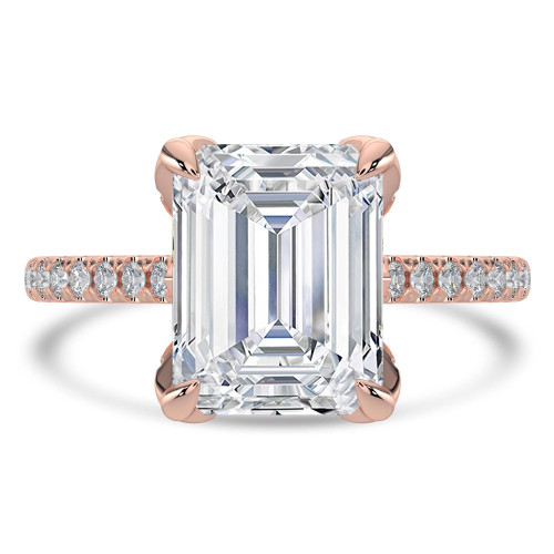 Emerald Lab Created Diamond Cathedral Solitaire with Accents Engagement Ring in Rose Gold with Pave Diamond Bridge and Prongs (MVSLG1491-R)