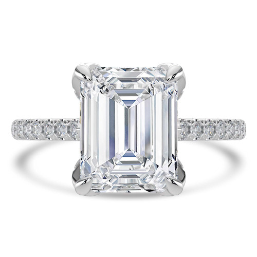 Emerald Lab Created Diamond Cathedral Solitaire with Accents Engagement Ring in White Gold with Pave Diamond Bridge and Prongs (MVSLG1491-W)