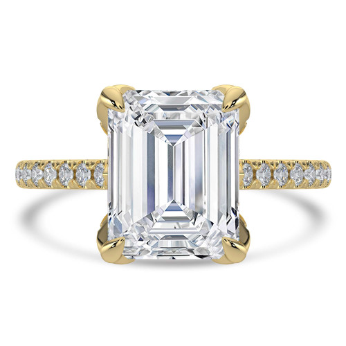 Emerald Lab Created Diamond Cathedral Solitaire with Accents Engagement Ring in Yellow Gold with Pave Diamond Bridge and Prongs (MVSLG1491-Y)