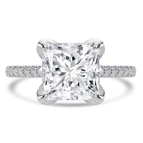 Princess Lab Created Diamond Cathedral Solitaire with Accents Engagement Ring in White Gold with Pave Diamond Bridge and Prongs (MVSLG1494-W)