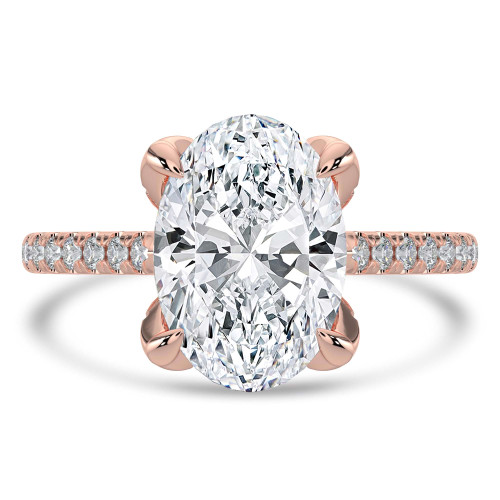 Oval Lab Created Diamond Cathedral Solitaire with Accents Engagement Ring in Rose Gold with Pave Diamond Bridge and Prongs (MVSLG1496-R)