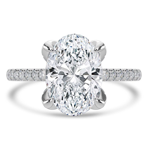 Oval Lab Created Diamond Cathedral Solitaire with Accents Engagement Ring in White Gold with Pave Diamond Bridge and Prongs (MVSLG1496-W)