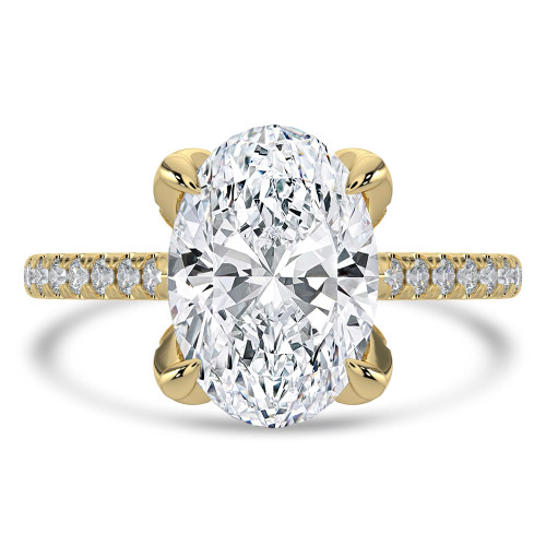 Oval Lab Created Diamond Cathedral Solitaire with Accents Engagement Ring in Yellow Gold with Pave Diamond Bridge and Prongs (MVSLG1496-Y)