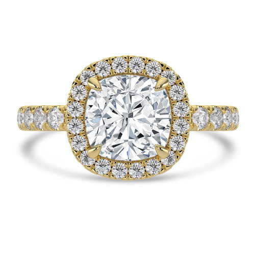 Cushion Lab Created Diamond 4-Prong Diamond Accented Basket Halo Engagement Ring in Yellow Gold (MVSLG1515-Y)