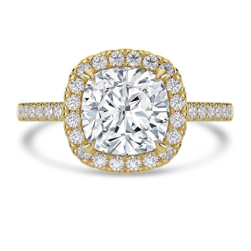 Cushion Lab Created Diamond 4-Prong Cathedral Halo Engagement Ring in Yellow Gold (MVSLG1517-Y)