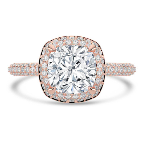 Cushion Lab Created Diamond 4-Prong 3-Row Pave Dome Halo Engagement Ring in Rose Gold (MVSLG1525-R)