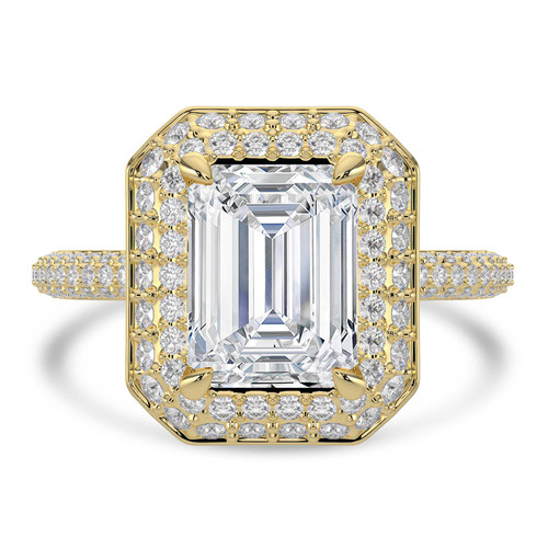 Emerald Lab Created Diamond 4-Prong 3-Row Pave Dome Halo Engagement Ring in Yellow Gold (MVSLG1527-Y)