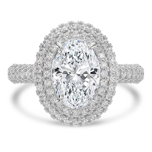 Oval Lab Created Diamond 4-Prong Cathedral 3-Row Pave Double Halo Engagement Ring in White Gold (MVSLG1538-W)