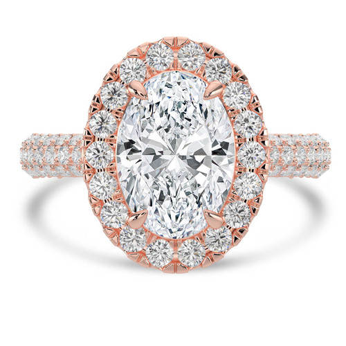 Oval Lab Created Diamond 4-Prong 3-Row Pave Cathedral Halo Engagement Ring in Rose Gold with Hidden Accents (MVSLG1549-R)