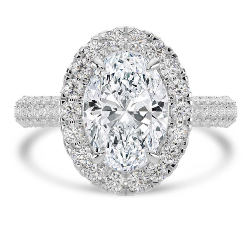 Oval Lab Created Diamond 4-Prong 3-Row Pave Cathedral Halo Engagement Ring in White Gold with Hidden Accents (MVSLG1549-W)