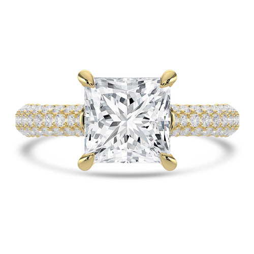 Princess Lab Created Diamond 4-Prong 3-Row Pave  Solitaire with Accents Engagement Ring in Yellow Gold with Hidden Halo and Accents (MVSLG1563-Y)