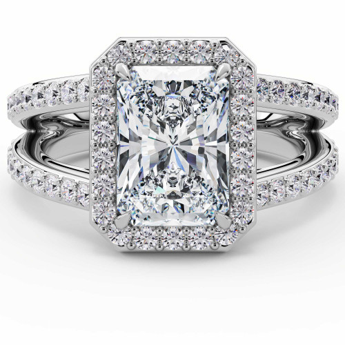 Radiant Lab Created Diamond 4-Prong Split-Shank Cathedral Halo Engagement Ring in White Gold (MVSLG1589-W)