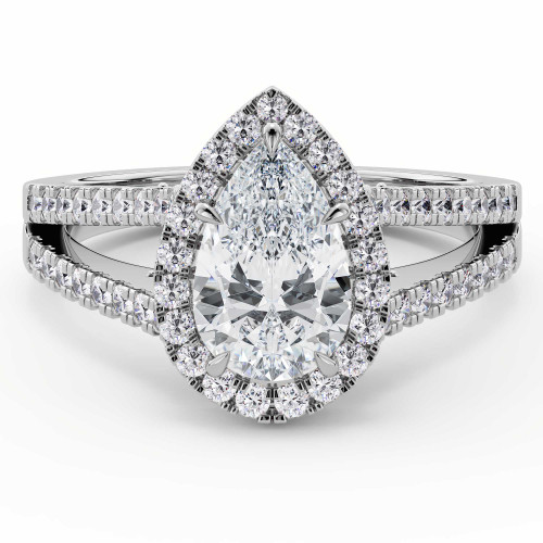 Pear Lab Created Diamond Cathedral Split-shank Pear Halo Engagement Ring in White Gold with Hidden Halo and Bridge Accents (MVSLG1609-W)