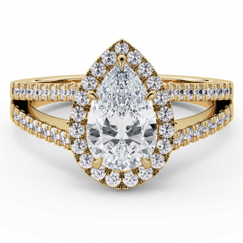 Pear Lab Created Diamond Cathedral Split-shank Pear Halo Engagement Ring in Yellow Gold with Hidden Halo and Bridge Accents (MVSLG1609-Y)