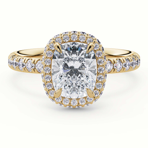 Cushion Lab Created Diamond Rollover Halo Engagement Ring in Yellow Gold with Hidden Bridge & Basket Accents (MVSLG1611-Y)