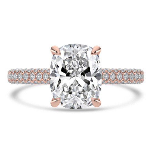 Cushion Lab Created Diamond Cathedral Double Hidden Halo Three-Row Pave Solitaire with Accents Engagement Ring in Rose Gold (MVSLG1653-R)
