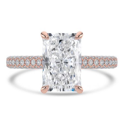 Radiant Lab Created Diamond Cathedral Double Hidden Halo Three-Row Pave Solitaire with Accents Engagement Ring in Rose Gold (MVSLG1659-R)