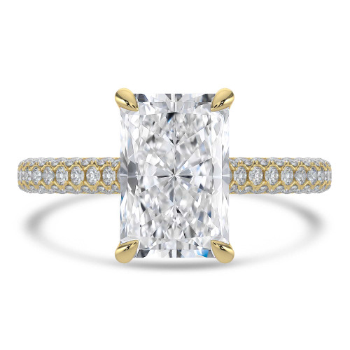 Radiant Lab Created Diamond Cathedral Double Hidden Halo Three-Row Pave Solitaire with Accents Engagement Ring in Yellow Gold (MVSLG1659-Y)