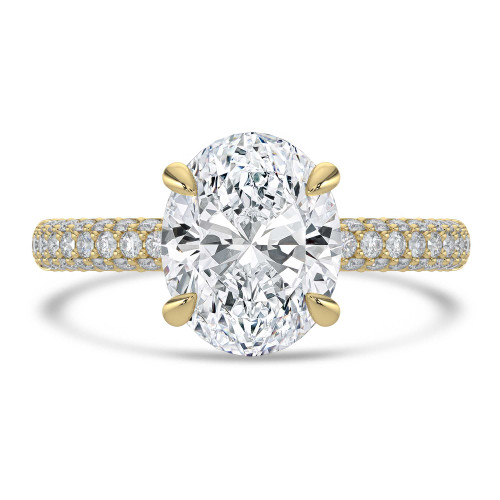 Oval Lab Created Diamond Hidden Halo Three Row Pave Solitaire with Accents Engagement Ring in Yellow Gold (MVSLG1694-Y)