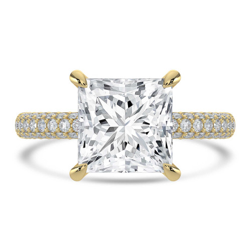 Princess Lab Created Diamond Hidden Halo Three Row Pave Solitaire with Accents Engagement Ring in Yellow Gold (MVSLG1696-Y)