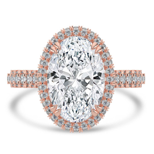 Oval Lab Created Diamond Three-row Pave Rollover Halo Engagement Ring in Rose Gold with Accented Basket and Bridge (MVSLG1699-R)