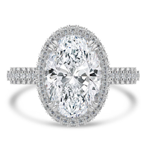 Oval Lab Created Diamond Three-row Pave Rollover Halo Engagement Ring in White Gold with Accented Basket and Bridge (MVSLG1699-W)