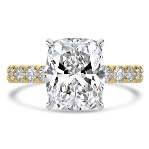 Cushion Lab Created Diamond Hidden Halo Solitaire with Accents Engagement Ring in Yellow Gold & White Gold Prongs with U-Prong Set Accents (MVSLG1709-Y)