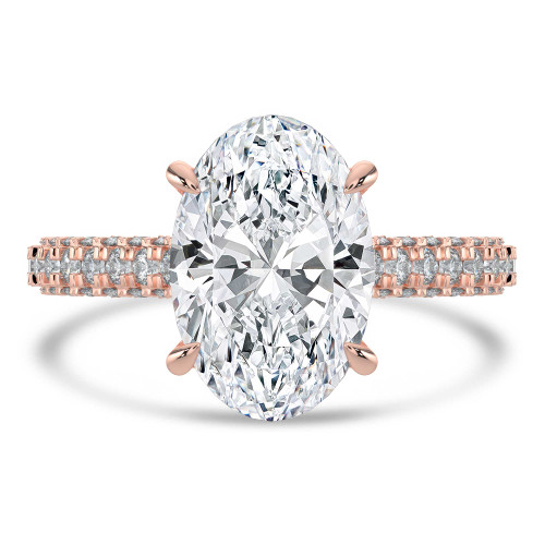 Oval Lab Created Diamond Three-row Pave Hidden Halo Solitaire with Accents Engagement Ring in Rose Gold (MVSLG1716-R)