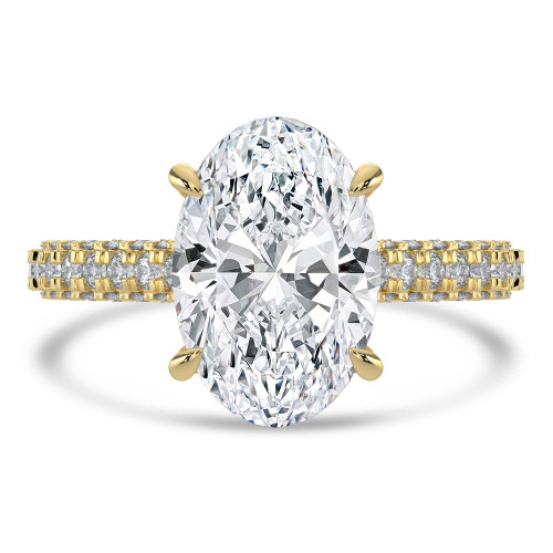 Oval Lab Created Diamond Three-row Pave Hidden Halo Solitaire with Accents Engagement Ring in Yellow Gold (MVSLG1716-Y)