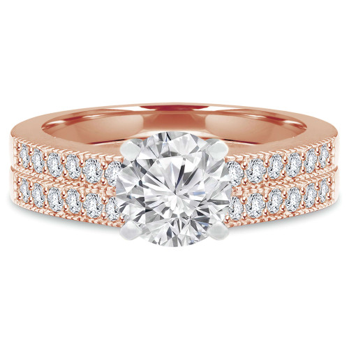 Round Diamond Vintage Solitaire with Accents Engagement Ring and Wedding Band Set Ring in Rose Gold (MVS0045-R)