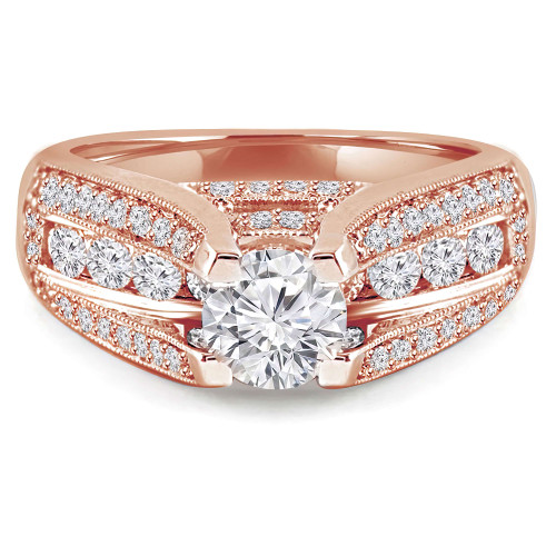 Round Diamond Vintage Split-Shank Three-Row Cathedral Diamond Bridge Solitaire with Accents Engagement Ring in Rose Gold (MVS0080-R)