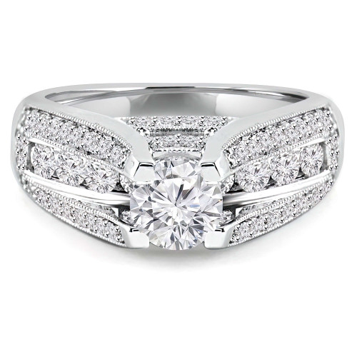 Round Diamond Vintage Split-Shank Three-Row Cathedral Diamond Bridge Solitaire with Accents Engagement Ring in White Gold (MVS0080-W)
