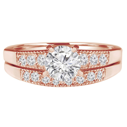 Round Diamond Vintage Reverse Tapered Solitaire with Accents Engagement Ring and Wedding Band Set Ring in Rose Gold (MVS0085-R)