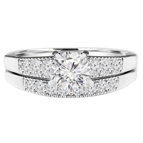 Round Diamond Vintage Reverse Tapered Solitaire with Accents Engagement Ring and Wedding Band Set Ring in White Gold (MVS0085-W)