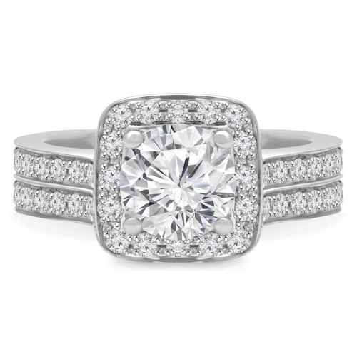 Round Diamond Cathedral Cushion Solitaire with Accents Engagement Ring and Wedding Band Set Ring in White Gold (MVS0165-W)