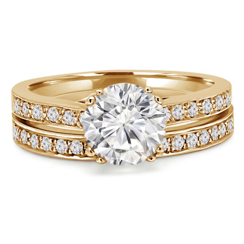 Round Diamond Cathedral Double-Prong Solitaire with Accents Engagement Ring and Wedding Band Set Ring in Yellow Gold (MVS0166-Y)