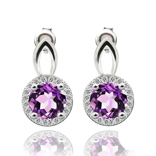 1 3/5 CTW Round Purple Amethyst 4-Prong Drop/Dangle Earrings in 0.925 White Sterling Silver (MDS170145)