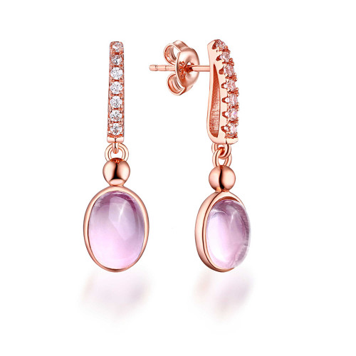 3/4 CTW Oval Pink Quartz Bezel Set Drop/Dangle 18K Rose Gold Plated Earrings in 0.925 Sterling Silver (MDS170350)