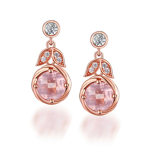 2 CTW Round Pink Quartz 4-Prong Drop/Dangle 18K Rose Gold Plated Earrings in 0.925 Sterling Silver (MDS170352)