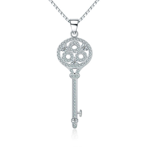 1/10 CTW Round White Lab Created Cubic Zirconia  Key Pendant Necklace in 0.925 White Sterling Silver With Chain (MDS170396)