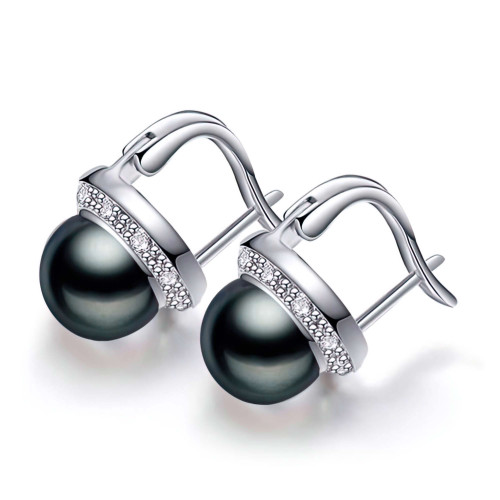 Round Black Freshwater Pearl Pave Set Drop/Dangle Huggie Earrings in 0.925 White Sterling Silver (MDS230233)