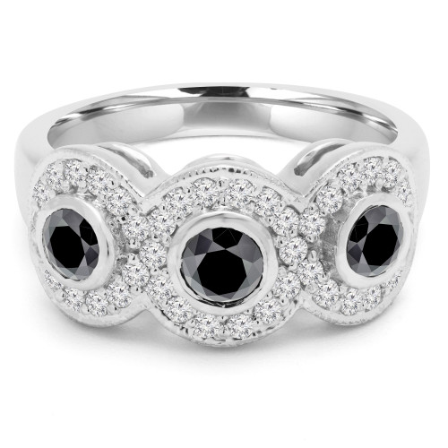 1 1/8 CTW Round Black Diamond Halo Three-Stone Engagement Ring in 14K White Gold (MD170094)