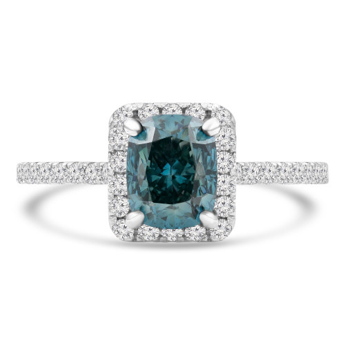 2 1/10 CTW Cushion Blue Diamond Radiant Halo Engagement Ring in 14K White Gold with Accents (MD230125)