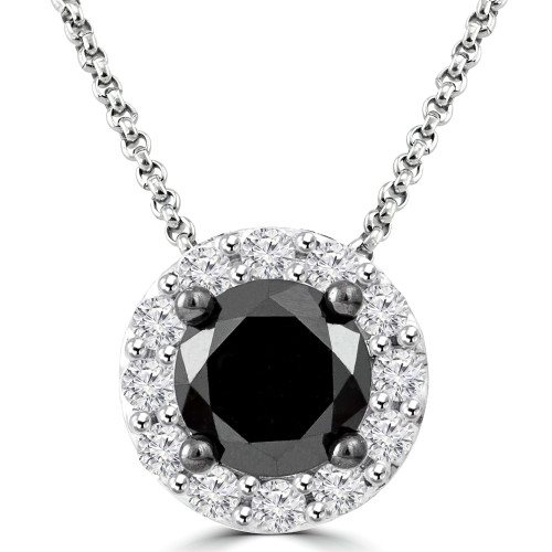 3/4 CTW Round Black Diamond Halo Pendant Necklace in 10K White Gold (MDR140133)