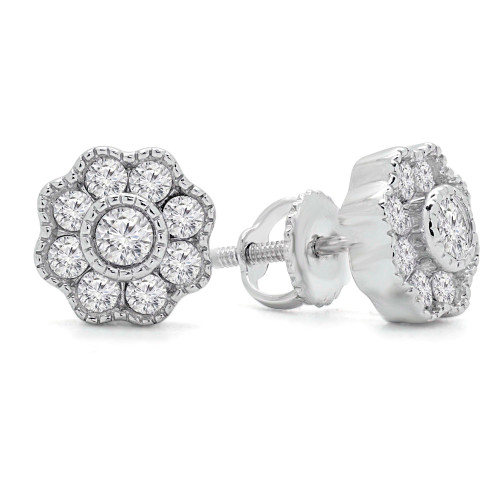 1/2 CTW Round Diamond Bezel Set Flower Stud Earrings in 14K White Gold (MDR140145)